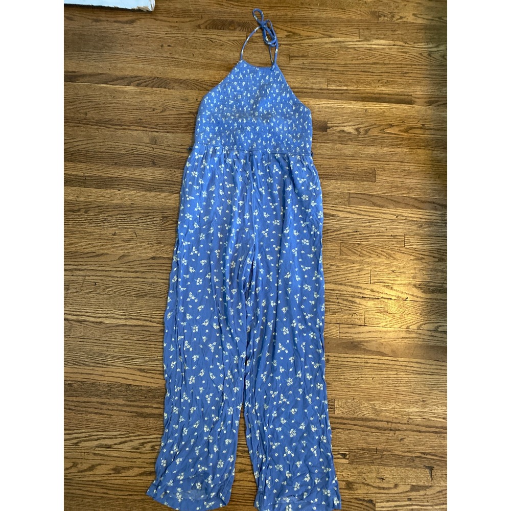 American Eagle Floral Halter Jumpsuit Blue Smocked Wide Leg Size L